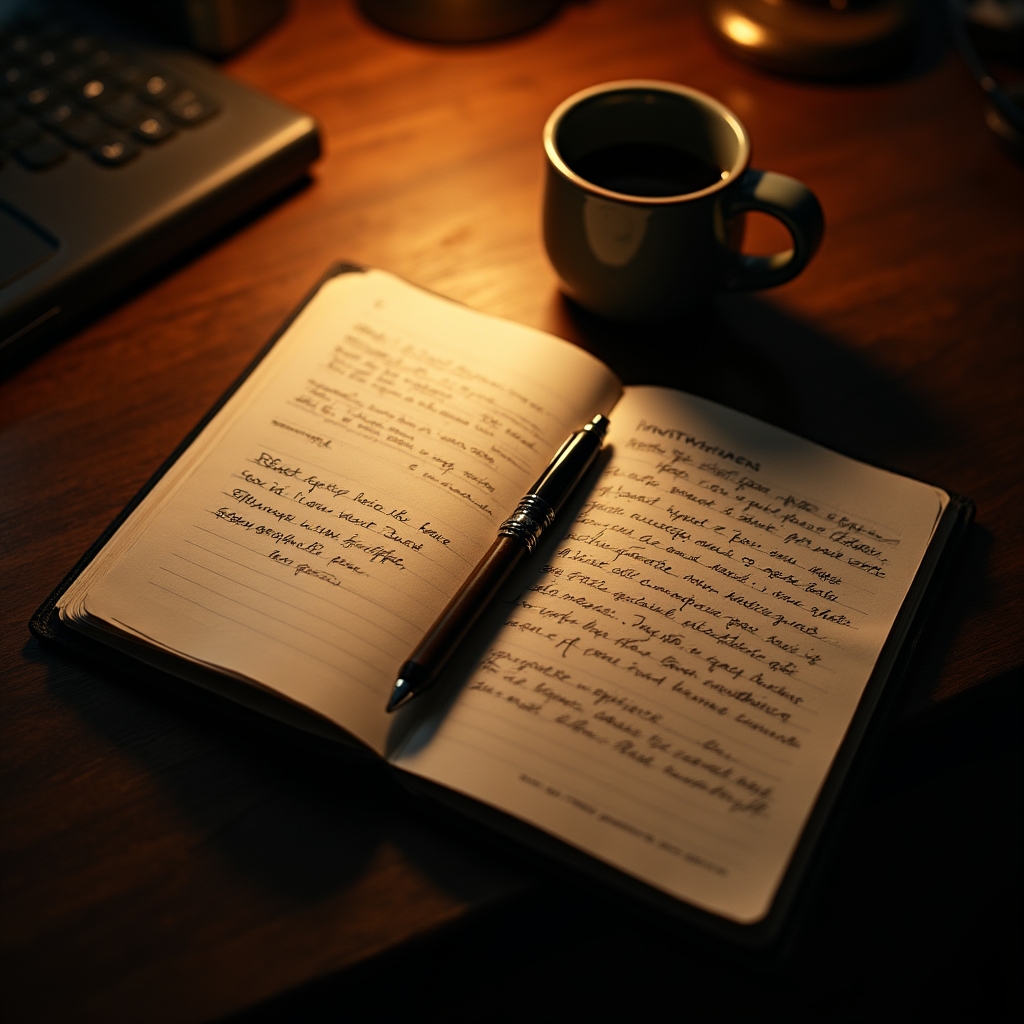 Notizbuch und Stift auf einem Schreibtisch, unvollständige Aufzeichnungen