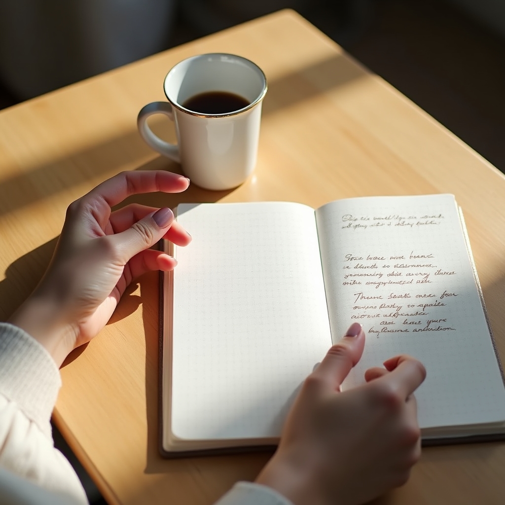 Morgenkaffee neben einem geöffneten Notizbuch auf einem hellen Holztisch