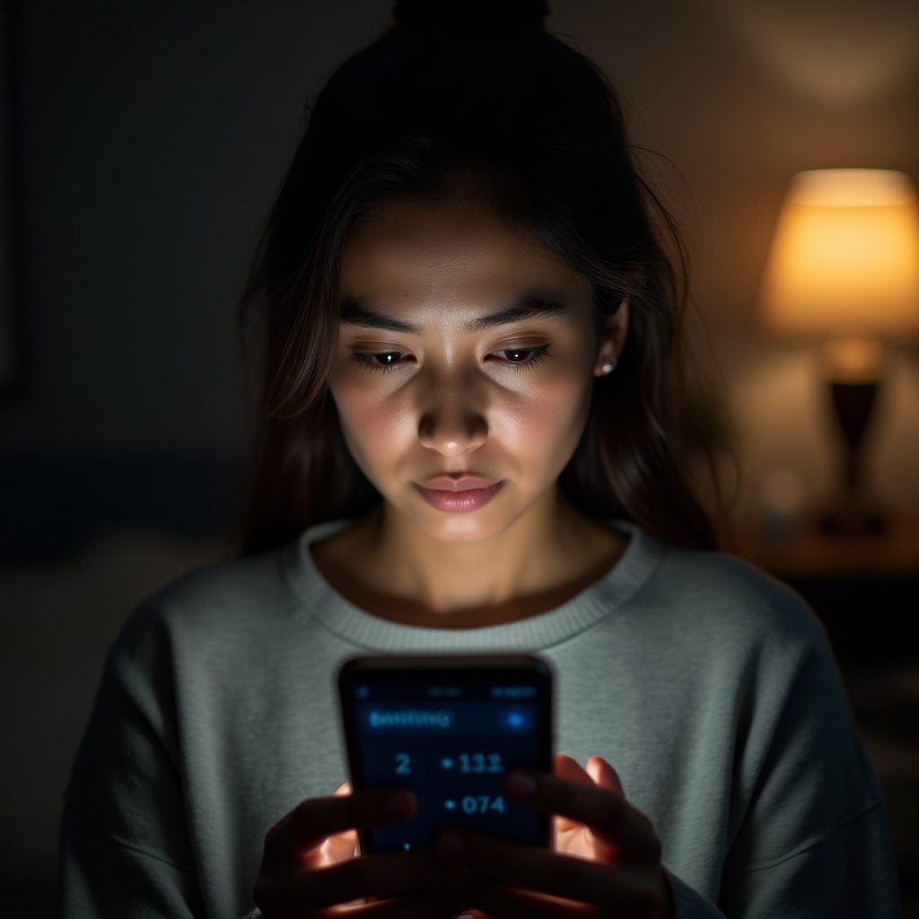 Person schaut abends auf Smartphone, Monatsabrechnung im Blick